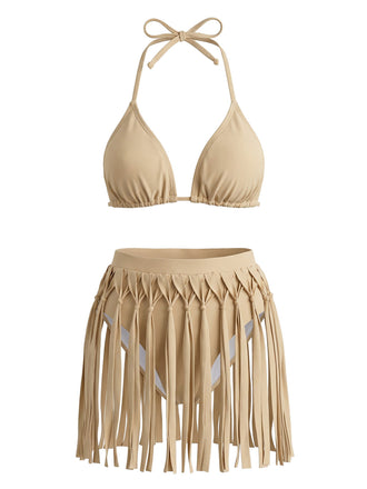 Khaki 70er Bikini-Set & Shorts mit Neckholder und Patchwork