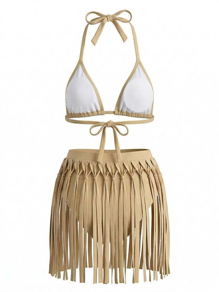 Khaki 70er Bikini-Set & Shorts mit Neckholder und Patchwork