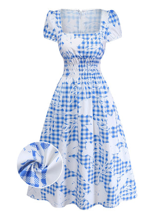 Blaues 40er Midikleid mit Eckiger Ausschnitt und Blumen