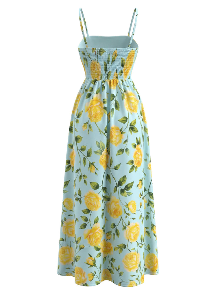 Hellblaues & Gelbes 40er Midikleid mit Spaghettiträger