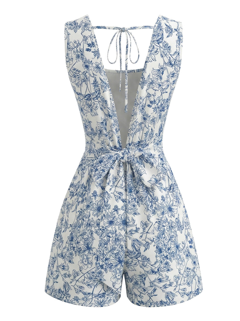 Blauer 50er Ärmelloses Romper mit Eckiger Ausschnitt und Blumen