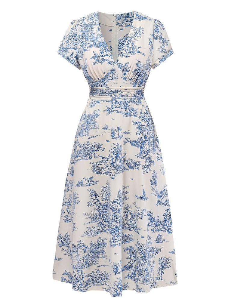 Hellblaues 50er Raffkleid mit Porzellan-Print und V-Ausschnitt