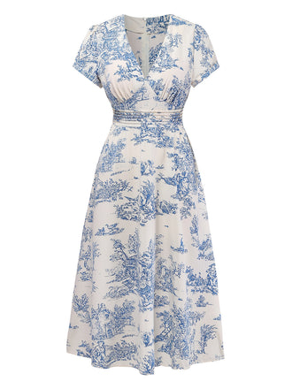Hellblaues 50er Raffkleid mit Porzellan-Print und V-Ausschnitt
