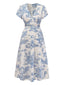 Hellblaues 50er Raffkleid mit Porzellan-Print und V-Ausschnitt