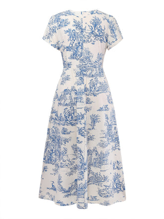 Hellblaues 50er Raffkleid mit Porzellan-Print und V-Ausschnitt