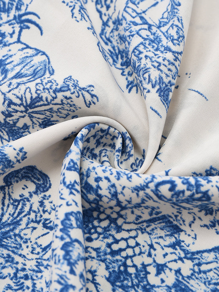 Hellblaues 50er Raffkleid mit Porzellan-Print und V-Ausschnitt