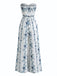 Blauer 70er Trägerloser Jumpsuit mit Blumen-Print und Breit