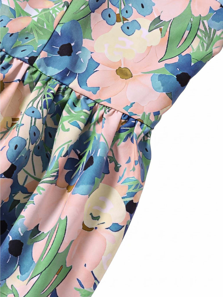 Hellblaues 50er Kleid mit Blumen und Kerbe
