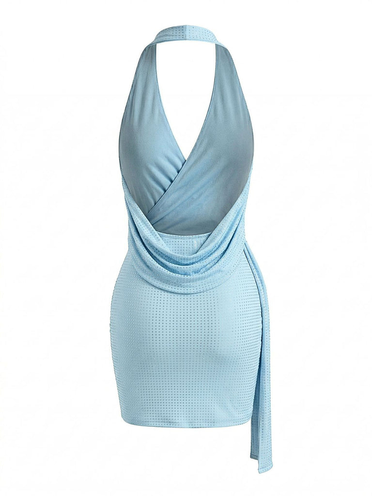 Blaues 60er Bodycon-Kleid mit rückenfrei und Strass