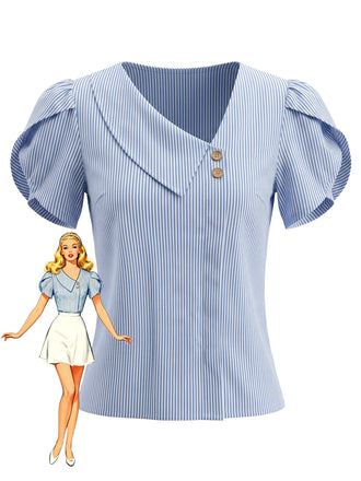 Hellblaue 60er Bluse mit V-Ausschnitt und Streifen