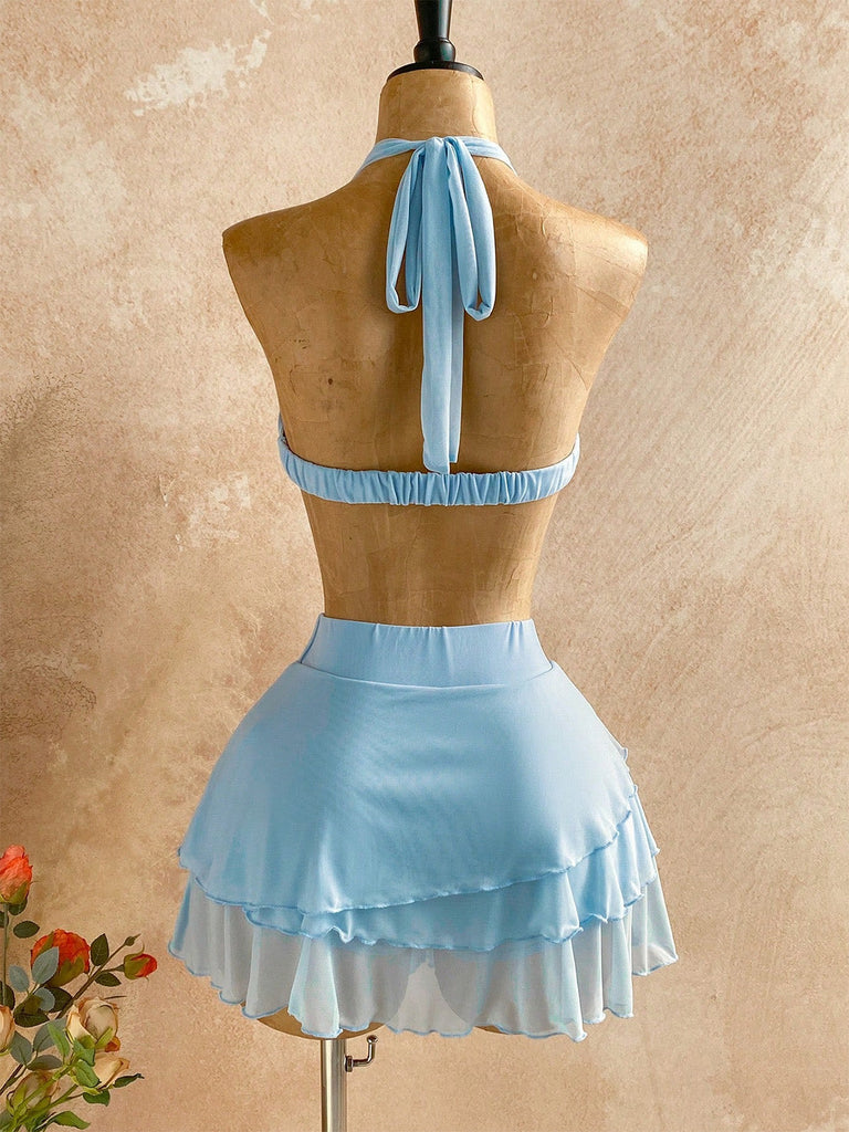 Hellblaues 80er Bikini-Set & Cover-Up mit Neckholder