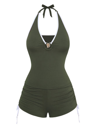 Grünes 50er Tankini-Set mit Neckholder und Raffung