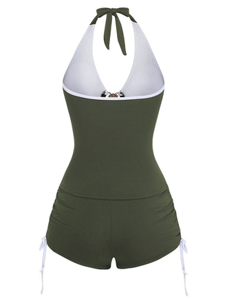 Grünes 50er Tankini-Set mit Neckholder und Raffung