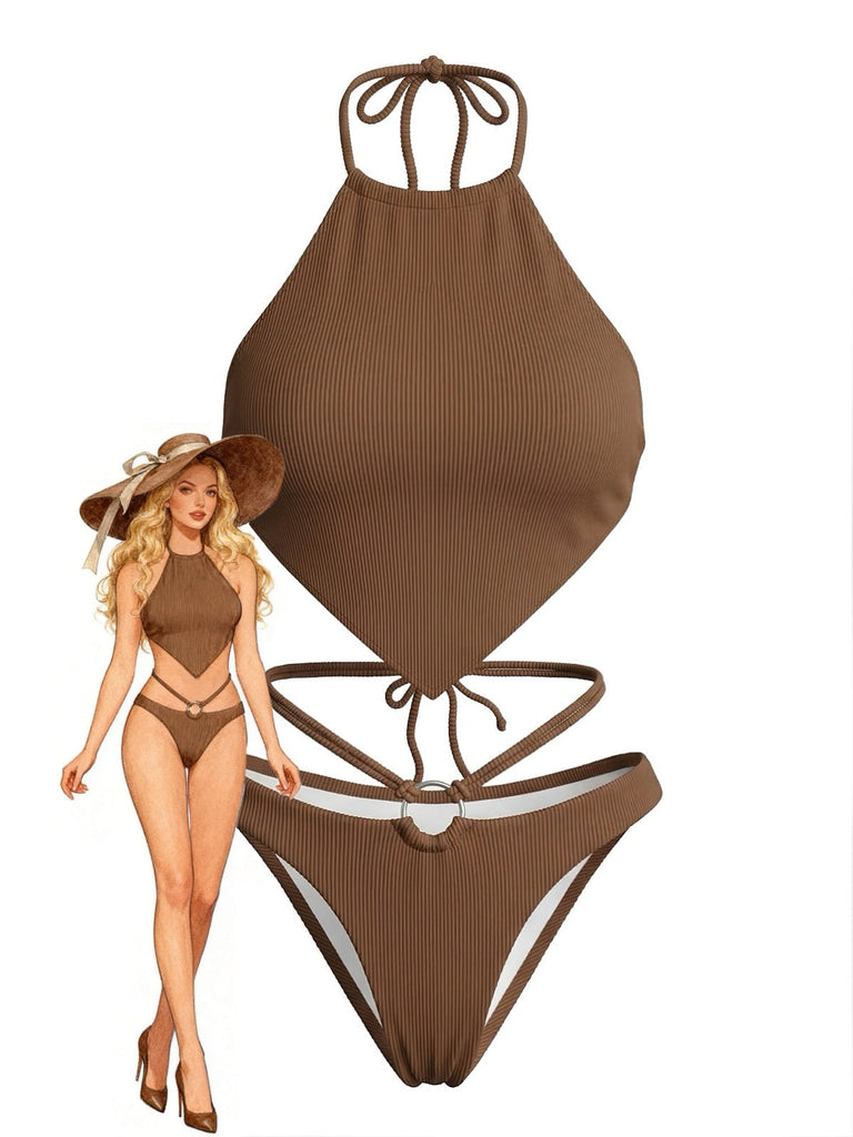 Braunes 60er Bikini-Set mit Neckholder und gerippt