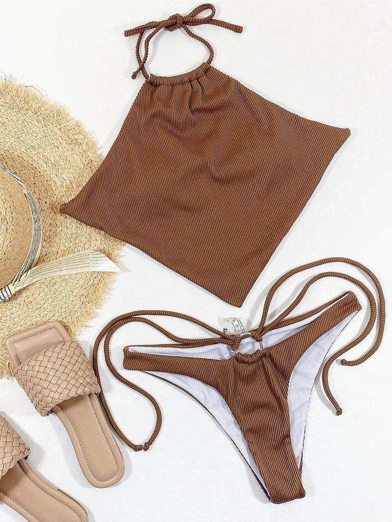 Braunes 60er Bikini-Set mit Neckholder und gerippt