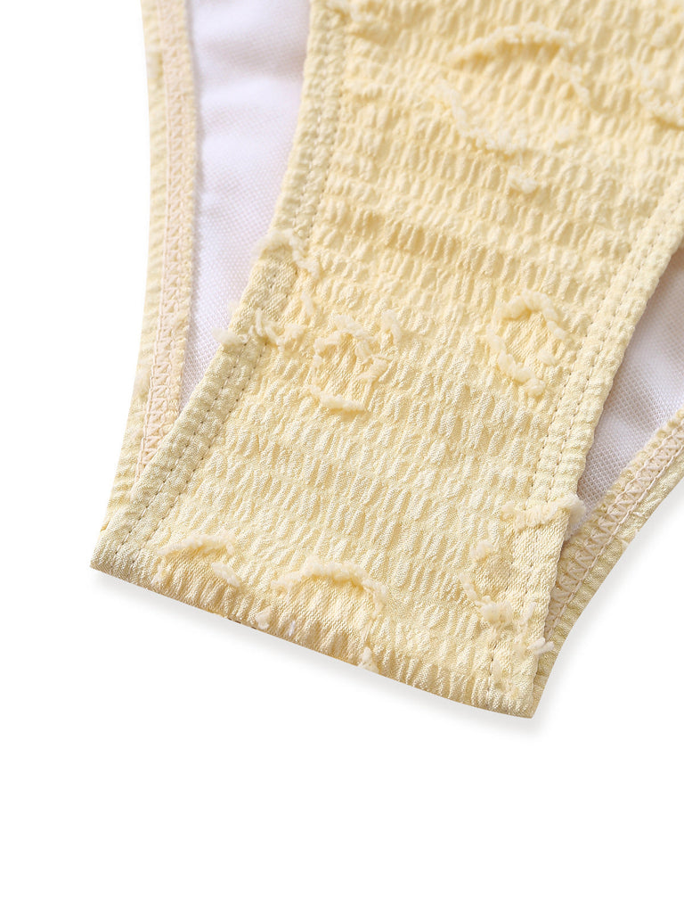 Hellgelbes Tankini-Set im Stil der 1950er Jahre mit strukturiertem Blumenmuster, Neckholder und tiefem V-Ausschnitt (Ansicht von unten)