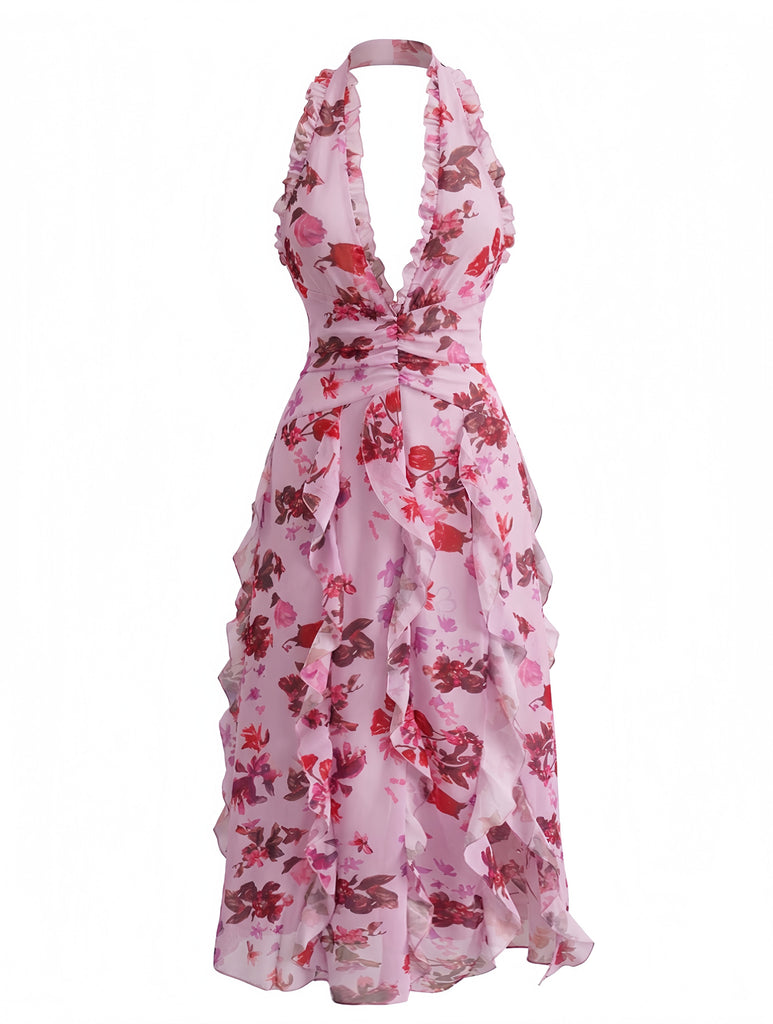Geblümtes, plissiertes Maxikleid mit Gürtel aus den 1930er Jahren, Größe 5