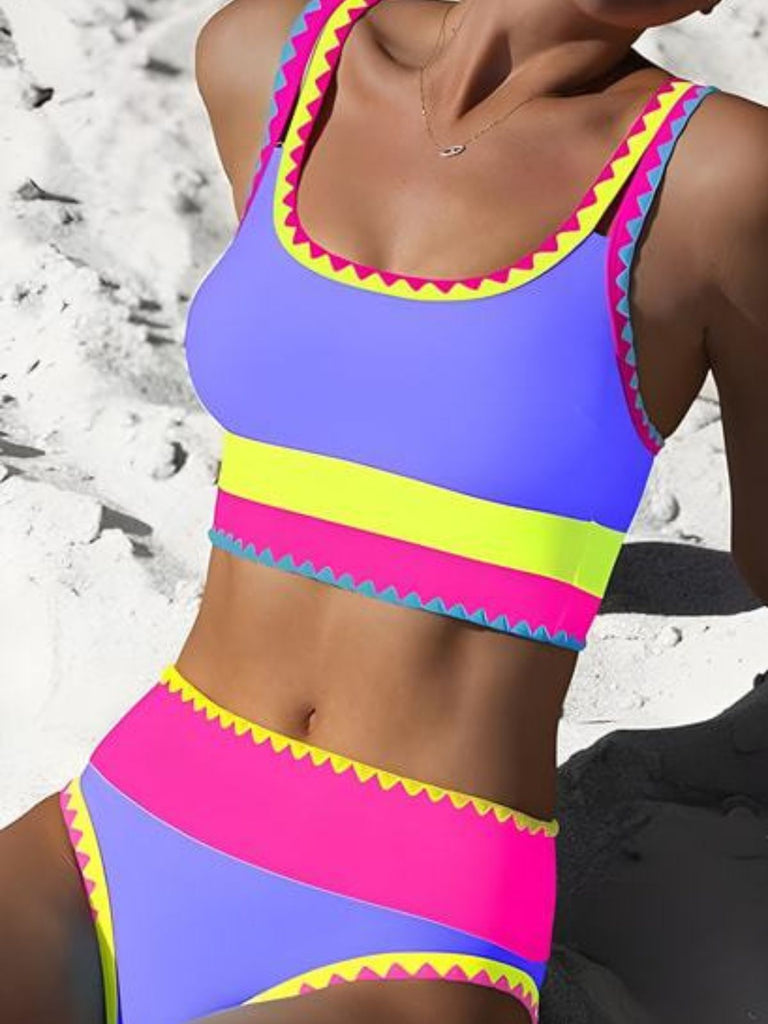 Lila 3PCS 1950er Kontrast Zickzack Besatz Tankini Set & Cover-Up