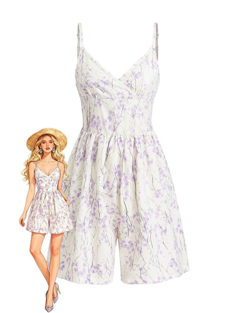 Lila 1970er Blumen Druck Spaghetti Träger Romper-model