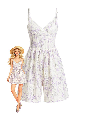 Lila 1970er Blumen Druck Spaghetti Träger Romper-model