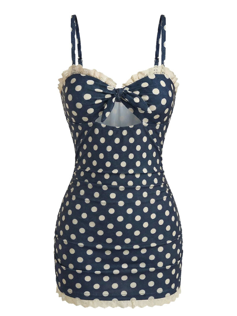 Marineblau 1930er Polka Dot Rüschen Einteiliger Badeanzug