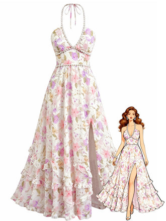 Mehrfarbiges 30er Maxikleid mit Neckholder und Blumen