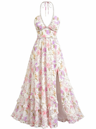 Mehrfarbiges 30er Maxikleid mit Neckholder und Blumen