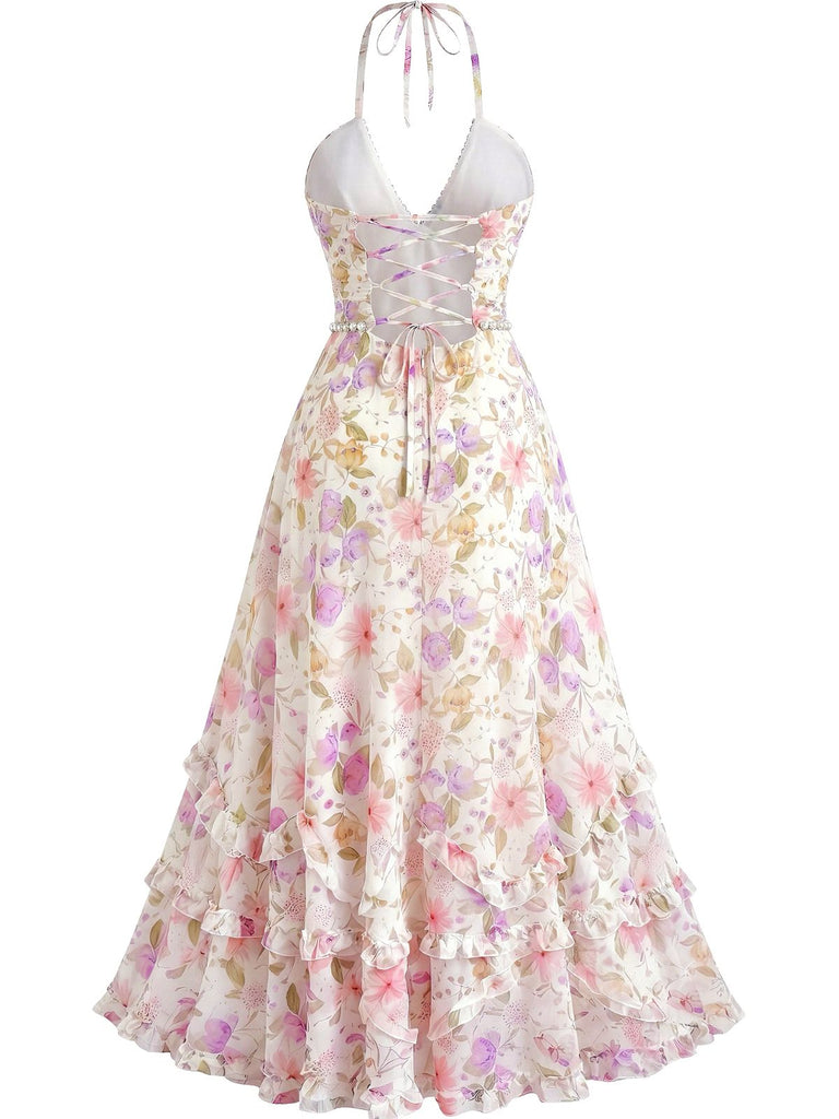 Mehrfarbiges 30er Maxikleid mit Neckholder und Blumen