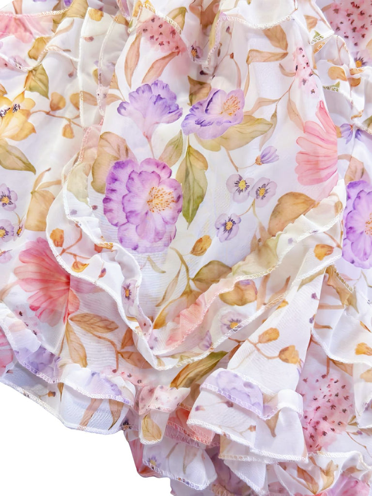 Mehrfarbiges 30er Maxikleid mit Neckholder und Blumen