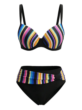 Mehrfarbig 1970er Regenbogen Streifen Bikini-Set