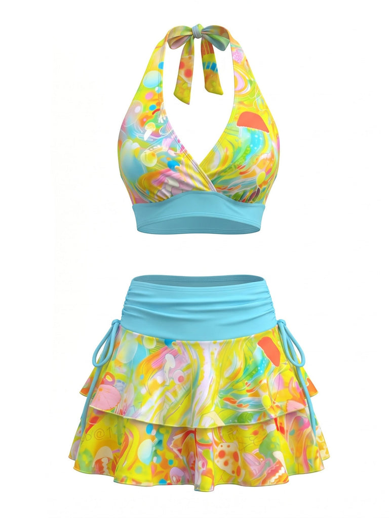 Mehrfarbig 80er Bikini-Set & Shorts mit Neckholder und Print