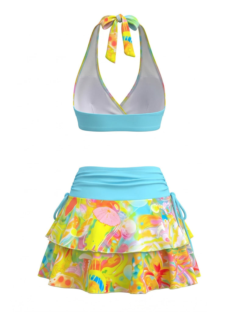 Mehrfarbig 80er Bikini-Set & Shorts mit Neckholder und Print
