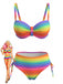 Mehrfarbiges & Regenbogen 80er Bikini-Set mit gerafft