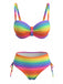 Mehrfarbiges & Regenbogen 80er Bikini-Set mit gerafft