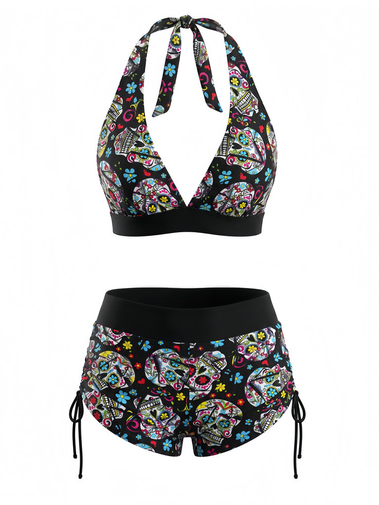 Mehrfarbiges 80er Gothic Bikini-Set mit Neckholder und Totenkopf