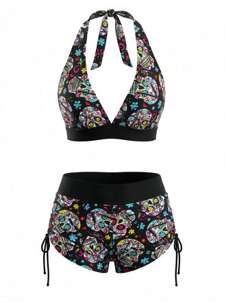 Mehrfarbiges 80er Gothic Bikini-Set mit Neckholder und Totenkopf