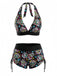 Mehrfarbiges 80er Gothic Bikini-Set mit Neckholder und Totenkopf