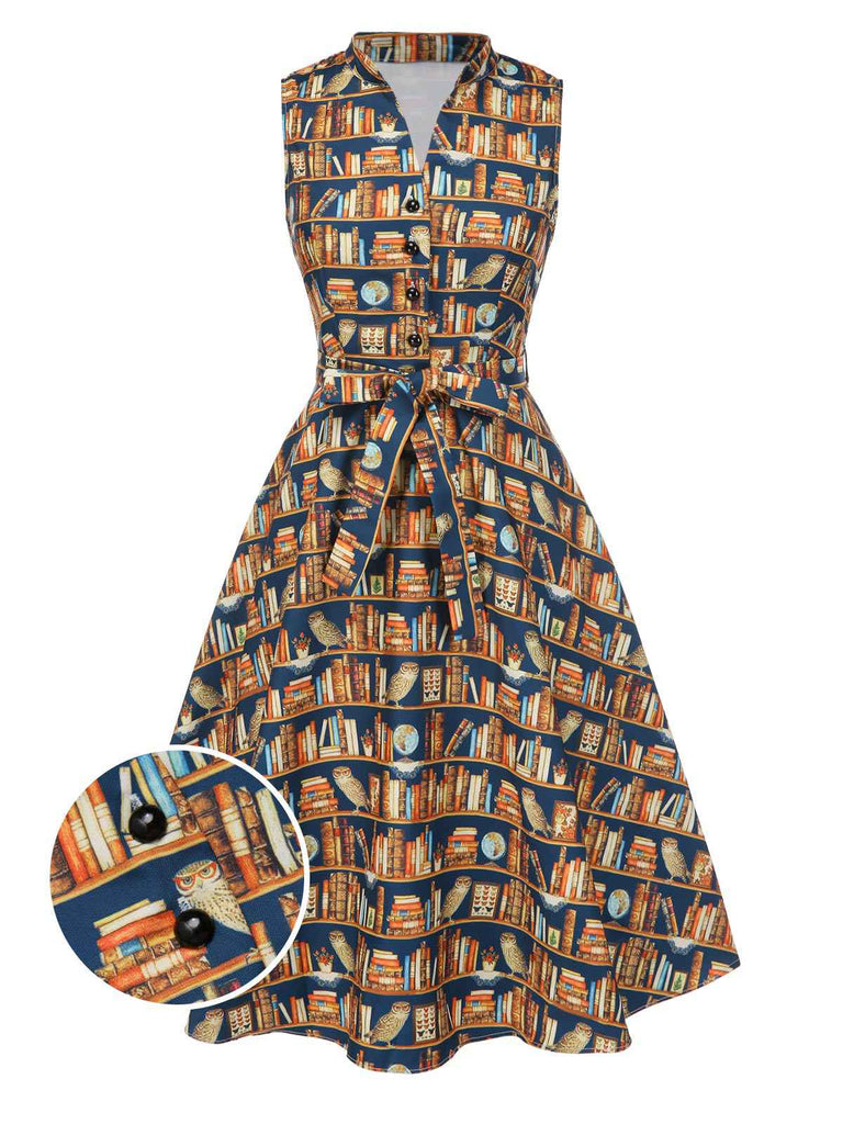 Multicolor 1950er Bücherregal Druck Stehkragen Kleid-with-detail
