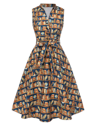 Multicolor 1950er Bücherregal Druck Stehkragen Kleid