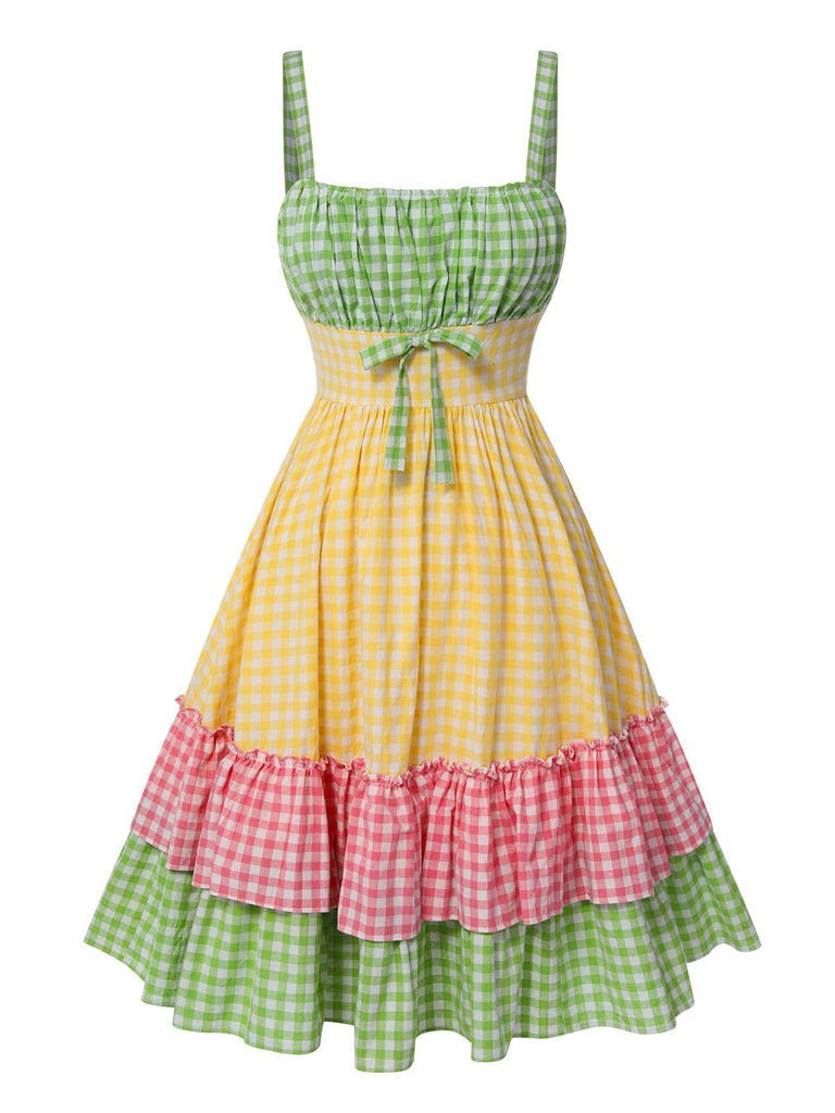 Multicolor 1950er Baumwolle Breit-Träger Plaid Patchwork Kleid