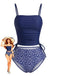 Marineblaues 50er Tankini-Set mit Blumen und Kordelzug-Taille