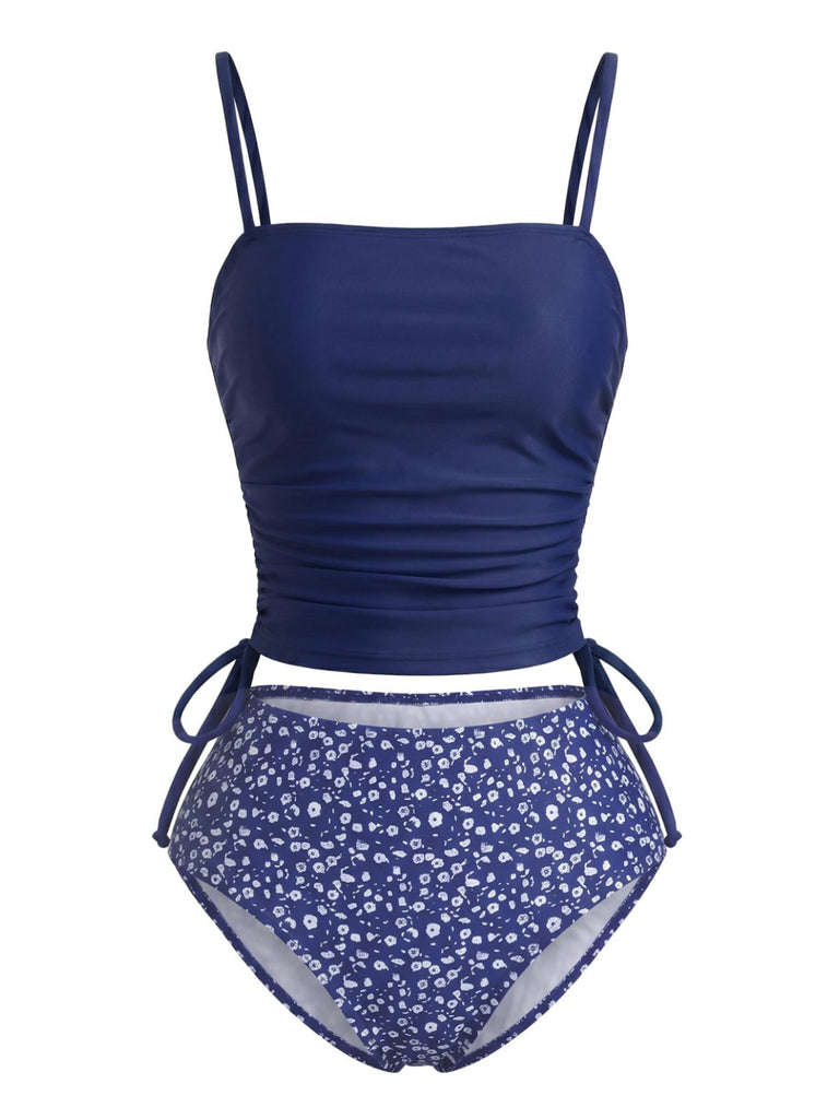 Marineblaues 50er Tankini-Set mit Blumen und Kordelzug-Taille