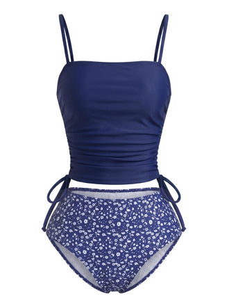 Marineblaues 50er Tankini-Set mit Blumen und Kordelzug-Taille