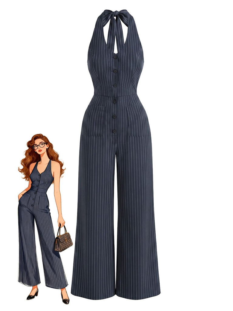 Marineblauer 50er Jumpsuit mit Neckholder und Streifen