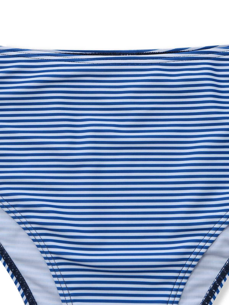 Marineblau gestreifter Tankini mit Rüschenoberteil zum Binden vorne im Vintage-Bademodenstil der 1950er Jahre.