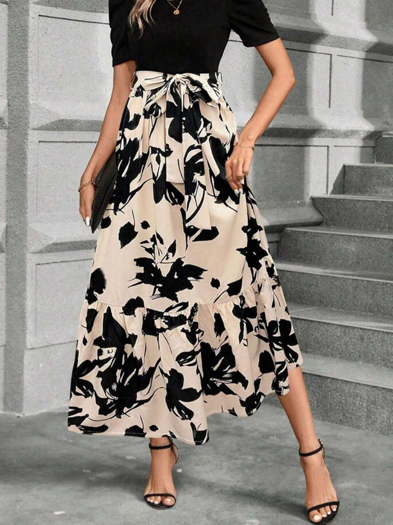 Beige 1930er Blumen Silhouette A-Line Rock