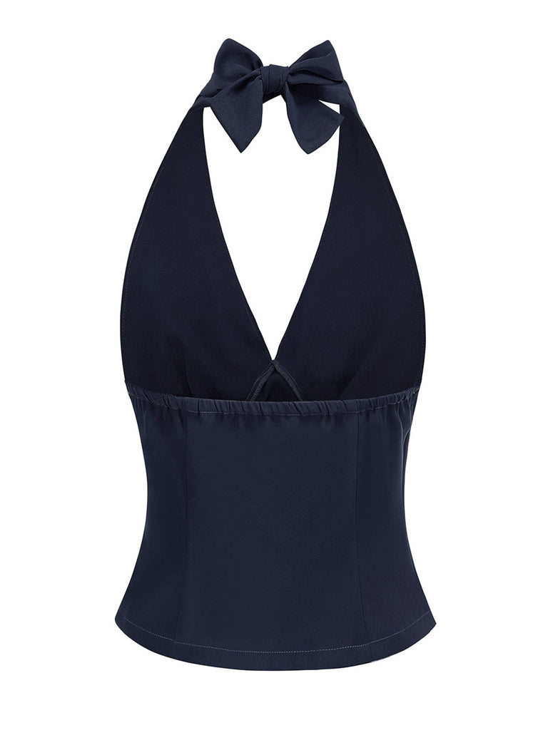 1950er Solide Ärmellos Halter Ruched Top