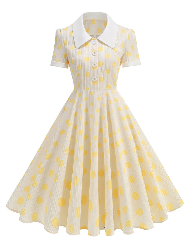Beige 1950er Polka Dots Revers Tasten Kleid