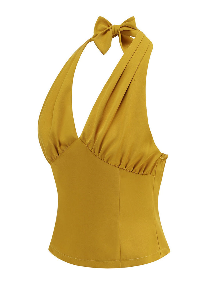 1950er Solide Ärmellos Halter Ruched Top