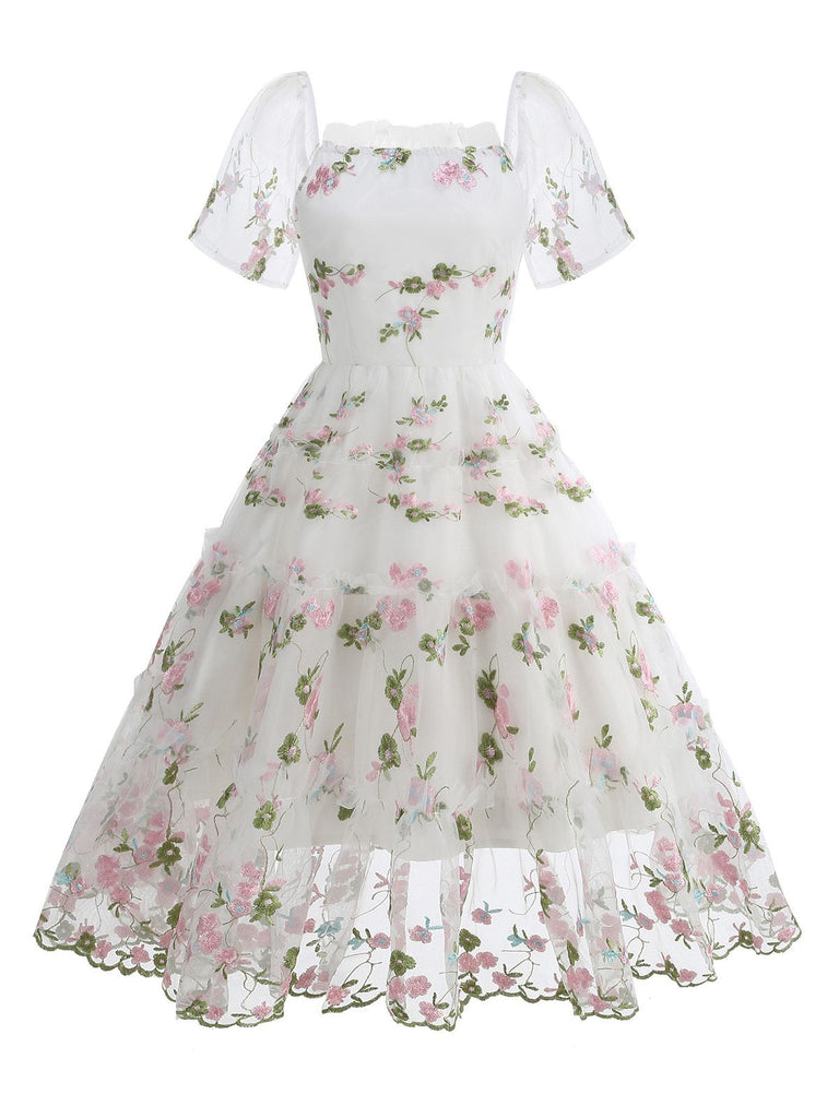1950er Stickerei Blumen Netz Puffärmel Kleid